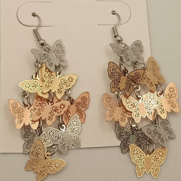 STERLING SILVER EAR WIRE YELLOW, ROSE, WHITE GOLD PLATED BUTTERFLY EARRINGS - Picture 2 of 2